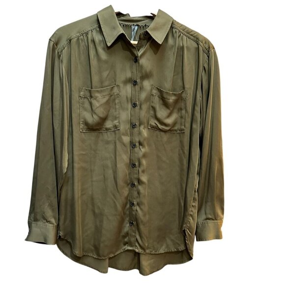 NWT Anthropologie Olive Green Silky Button-Down Shirt‎ Lagenlook Flowy Small - Picture 2 of 7